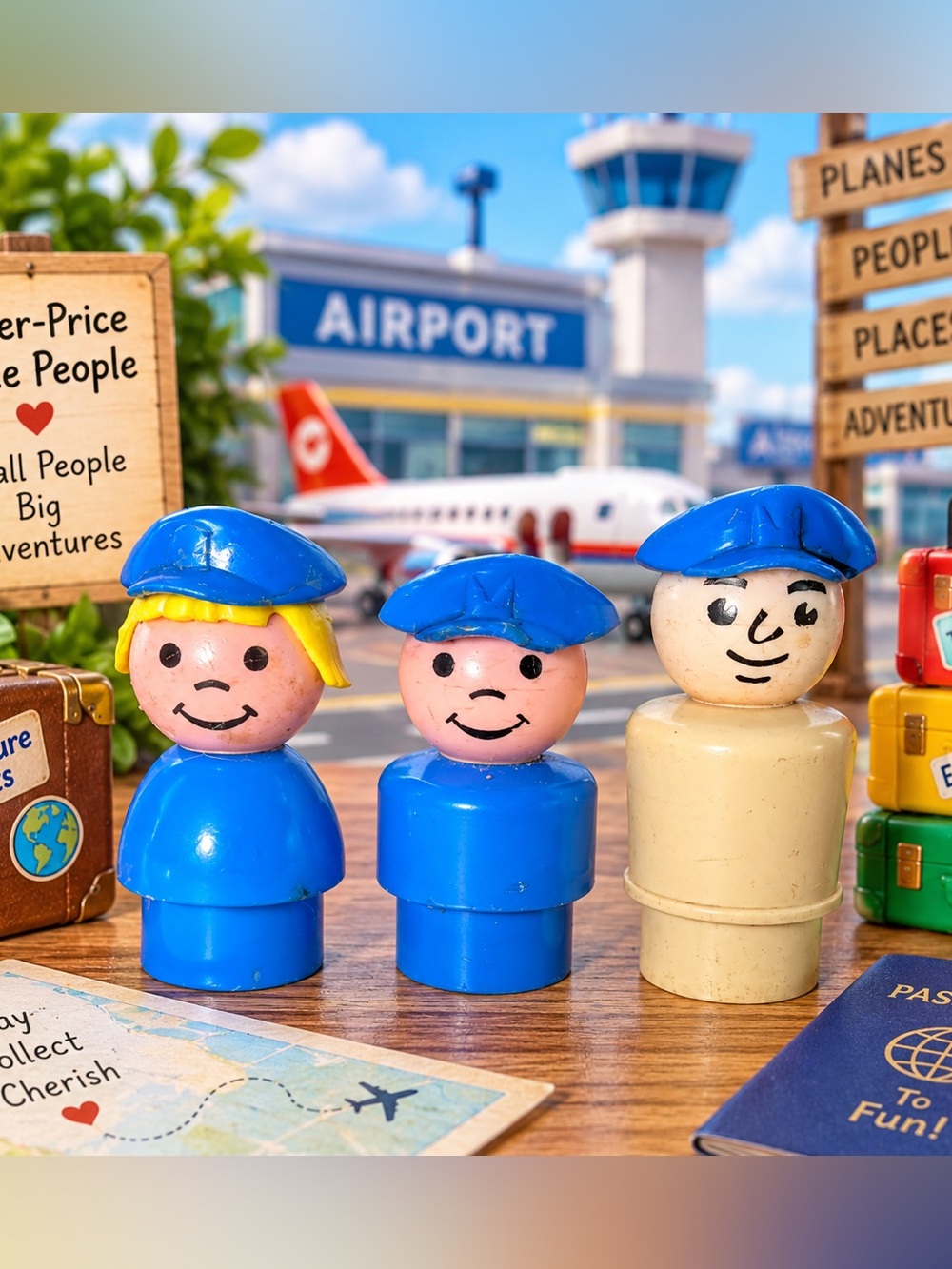 Vintage Fisher Price Little People Lot of 3 Blue Cap Pilot Mailman Figures
